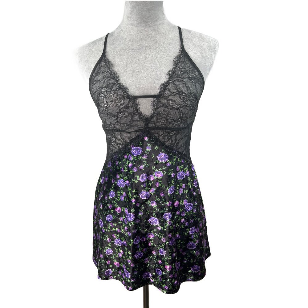 Victoria Secret Lingerie Chemise Slip Medium Black Purple Floral Velvet